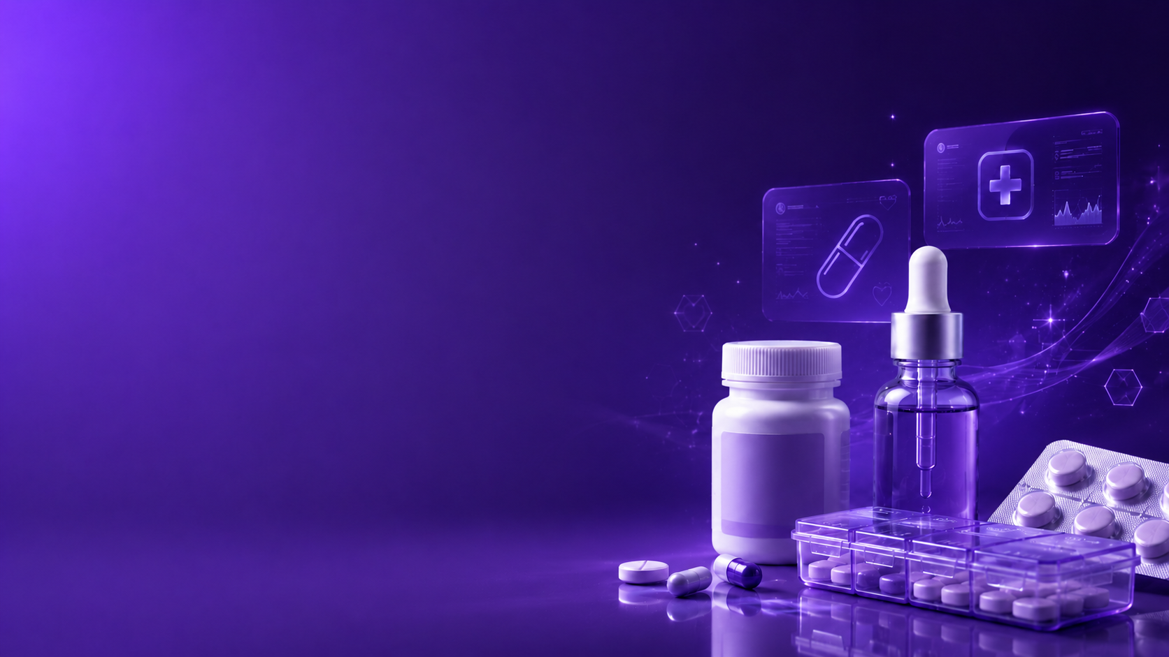 Medication bottles, dropper, blister pack and pill organiser on a deep-purple backdrop with holographic clinical displays